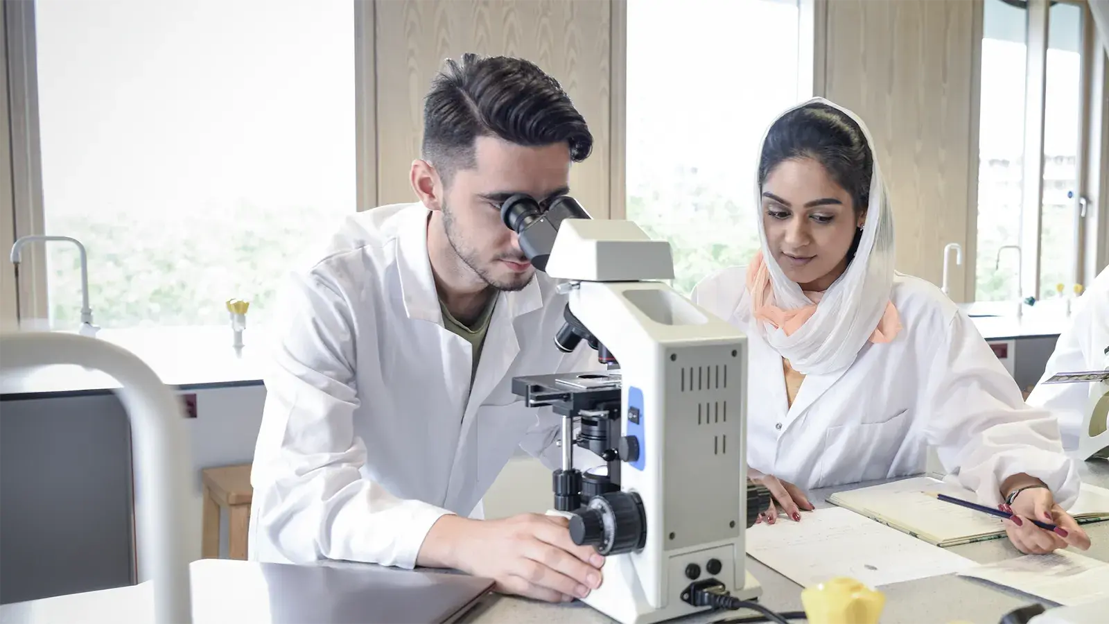 Two researchers working in a lab