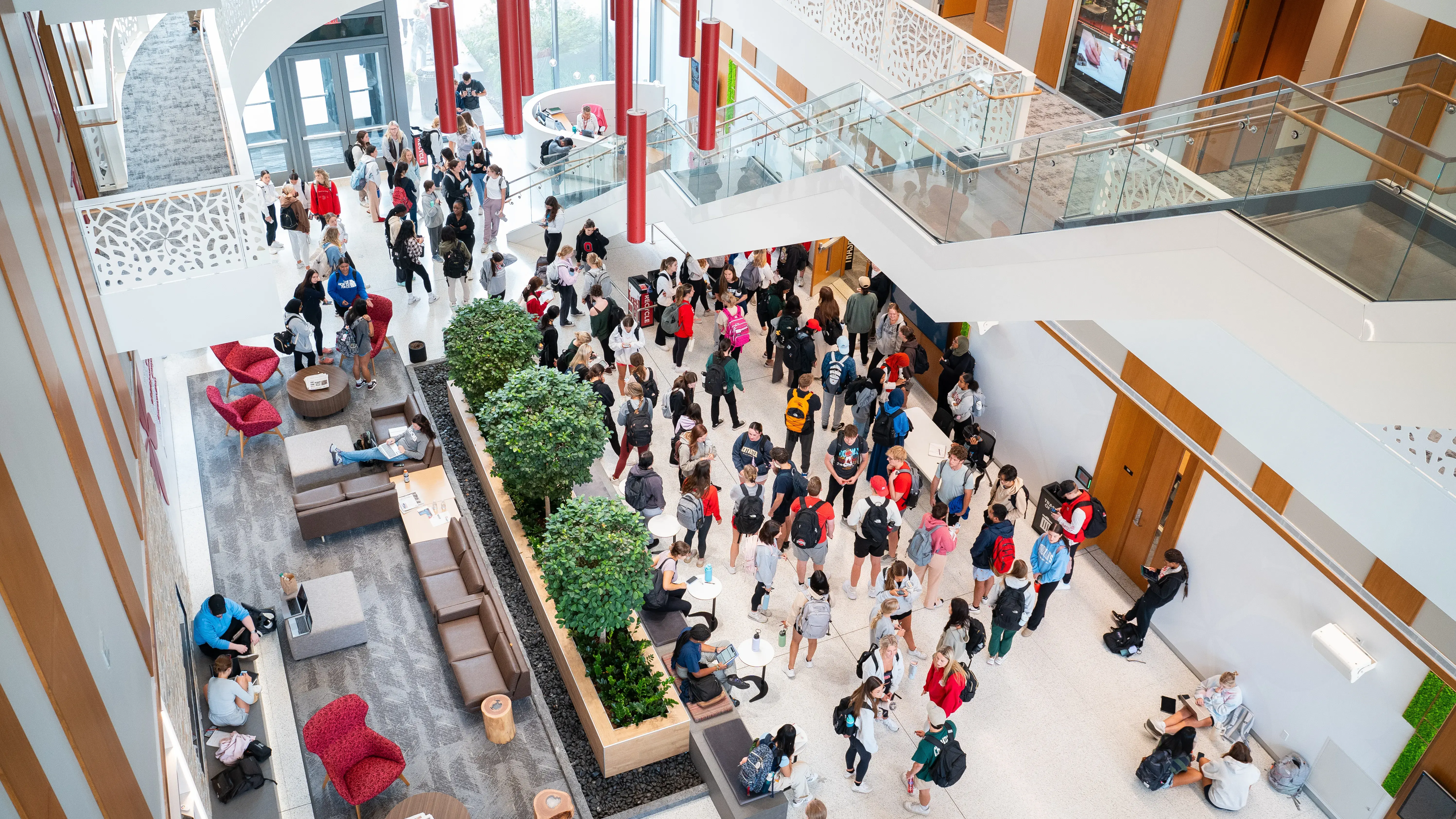 Faculty, staff and students in Heminger Hall Lobby